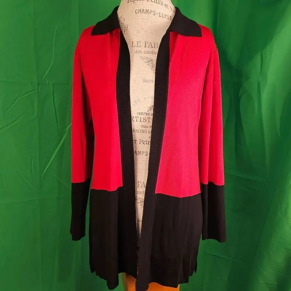 Exclusively Misook Womens Red Black Open‎ Front Cardigan Sweater XS